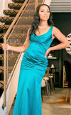Teal Blue Stretch Satin Sleeveless Gown