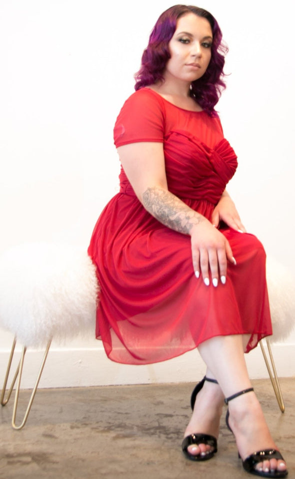 Apple Red Illusion Mesh Short Sleeve Dress
