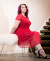 Apple Red Illusion Mesh Short Sleeve Dress