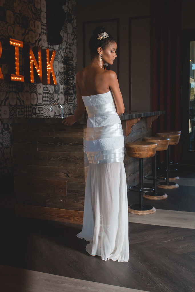 dress with sheer bottom Slip W/sheer beading on the Fomo-AZ The contrast between the fitted top and floaty sheer bottom offers the perfect balance of allure and sophistication Ladivine CB139 Size 8 Ocean