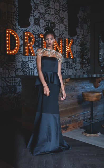 Ebony Black Satin and Matte Crepe Peplum Dress – thebridalgods