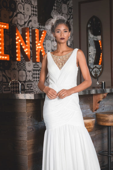 White Sleeveless Gown with Shirred Jewelry Necklace